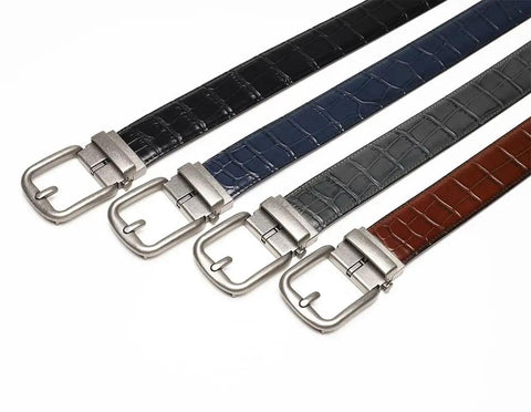Four leather belts in black, blue, gray, and brown with automatic buckles displayed side by side.