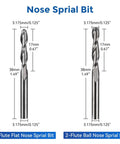 Nose spiral end mills: front view of 2-flute flat nose and 2-flute ball nose, 1/8 in shank