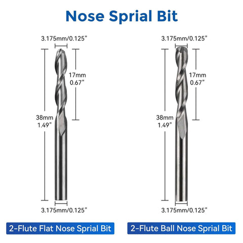 Nose spiral end mills: front view of 2-flute flat nose and 2-flute ball nose, 1/8 in shank