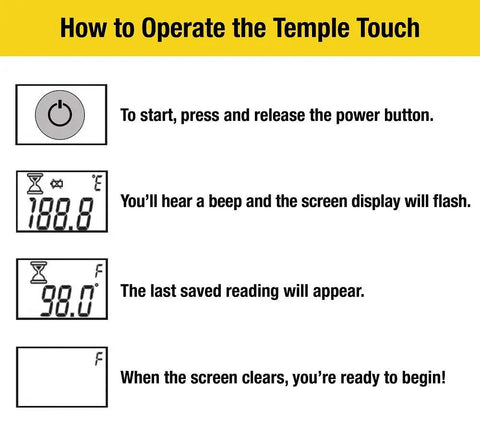 Temple Touch 6 Second Digital Thermometer for Infants and Kids Noninvasive No-Fuss Quick Read In About Six Seconds Clinically Validated Accuracy ASTM E1112 Compliant Baby Friendly Design With Easy Readout For Sleepy Parents showing use instructions and display icons