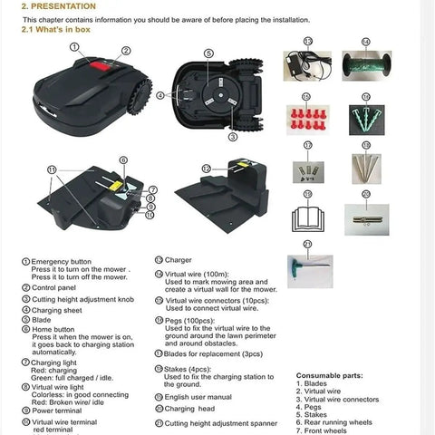 Contents of Smart Robot Lawn Mower With App Control And Auto Recharge, including charger, virtual wire, stakes, and manual.