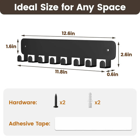 Diagram showing the dimensions of a Wall Mounted Key Rack With 8 Hooks For Car Keys No Drill Adhesive Backing Or Screw Mount