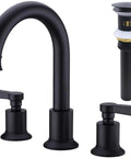 Matte Black Two Handle Bathroom Faucet Built to Last No Fuss, 8 Inch Widespread Lavatory Vanity Faucet, Brass Construction, Includes Metal Overflow Drain, 360 Degree Swivel Spout for Easy Access