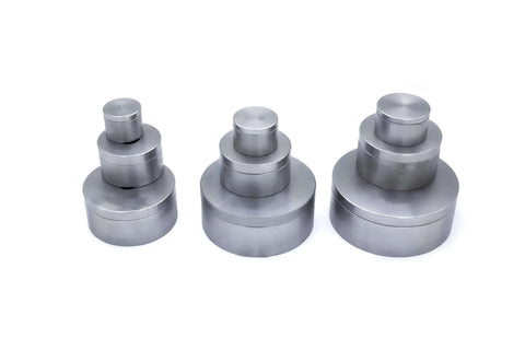 9 Piece Dimple Die Set For Sheet Metal Fabrication With 1/2 In 3/4 In 1 In sizes, showing three sets of nesting dies