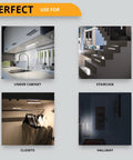 Three Pack Battery Operated LED Motion Sensor Night Lights Stick On For Closet Cabinets Stairs Kitchen Hallway And Indoor Use With 10 LEDs For Bright Easy Install Lighting No Fuss, shown in kitchen, staircase, closet, and hallway setups.