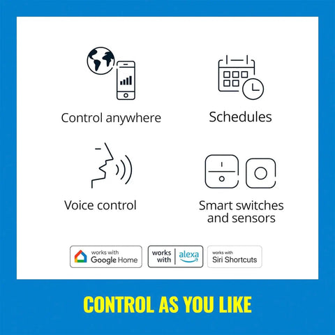 Control features of Two-Pack Color 60W A19 Smart WiFi Light Bulbs With 16 Million Colors, including voice, schedules, and app control.