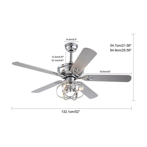 WEvalMC Ceiling Fan Chandelier 52 Inch with Wireless Operation, 5 Blades, 3, showing chrome design and dimensions for elegant cooling.
