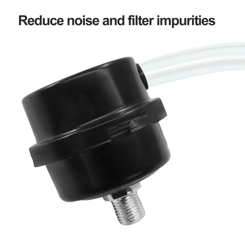 Close-up of Air Compressor Silencer Two Pack One Quarter Inch Thread Intake Filter Silencer with metal muffler attachment.