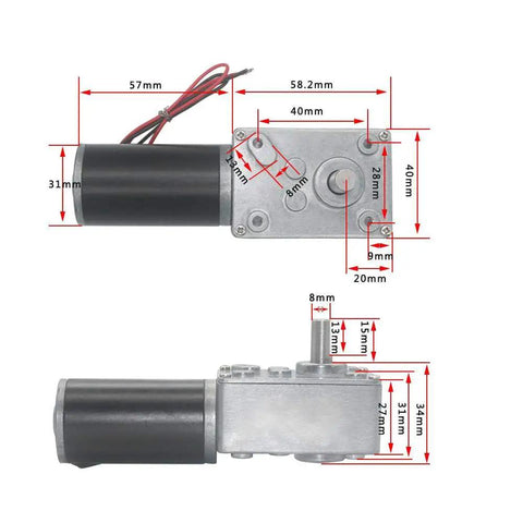 Beefy Torque Worm Gear Motor With Speed Reducer Reversible Electric Gearbox 8mm Shaft 12V DC 20RPM dimensions view