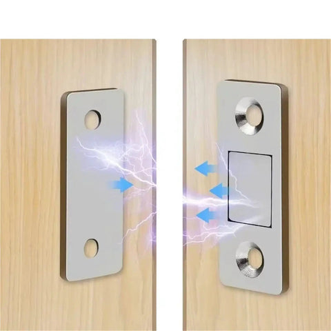 Self-Adhesive Magnetic Cabinet Catches With Invisible Drawer Locks, No Fuss Door Stops on wood surface demonstrating magnetic closure