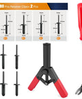 82Pcs Plastic Rivet Gun Set With Fastener Remover Pop Rivets Assortment shown with tool and rivets