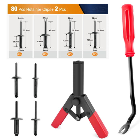 82Pcs Plastic Rivet Gun Set With Fastener Remover Pop Rivets Assortment shown with tool and rivets