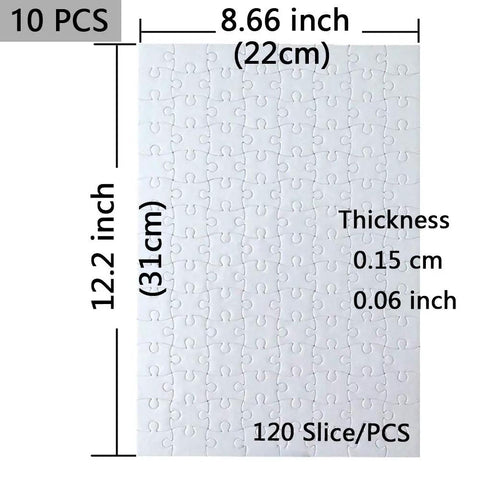 10 Pack Blank Sublimation A4 Jigsaw Puzzles With 120 Pieces Each For DIY Heat Press Crafts showing size and thickness dimensions.