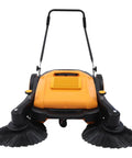 Industrial Push Broom Walker With Dual Steel Handles And Roomy Hopper slays leaves and debris on concrete driveways, 41-inch wide.