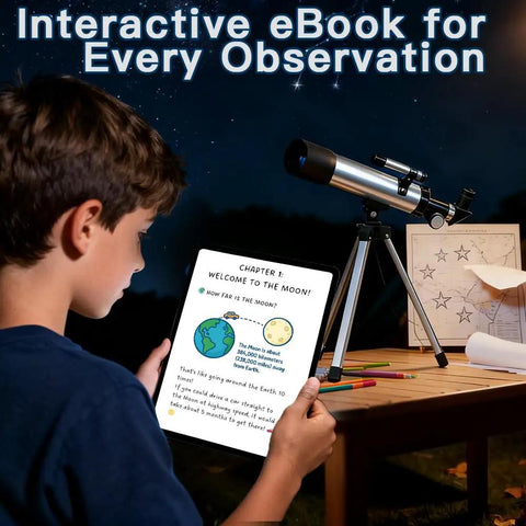 Child using an interactive eBook next to Beginner Kids Telescope Kit With 50mm Lens 100x Magnification Tripod Two Eyepieces And Finder Scope STEM Space Science Gift For Boys And Girls Aged 6 To 12 Easy Setup Christmas Gift For Young Explorers