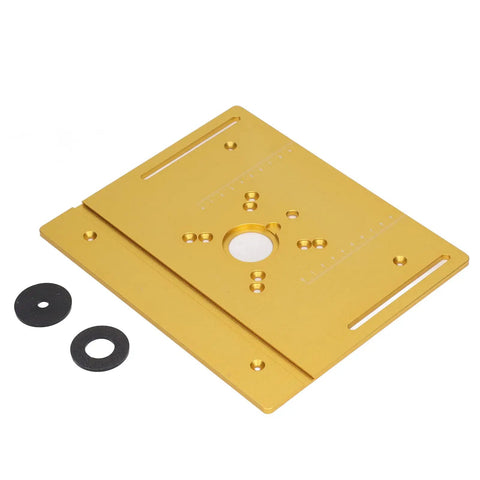 Beefed Up Router Lift Manual Kit For Router Table With Aluminum Base Plate And Crank Height Adjustment 9.45 By 7.87 Inch Table 51mm Stroke Gold Finish For Precise Woodworking And Small Trim Jobs, gold aluminum base plate with inserts
