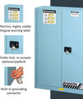 Heavy Duty Acid Corrosive Storage Cabinet Built Tough For Lab Techs Built To Last With Rock Solid Chemical Shield Panels showing lock and warning labels.