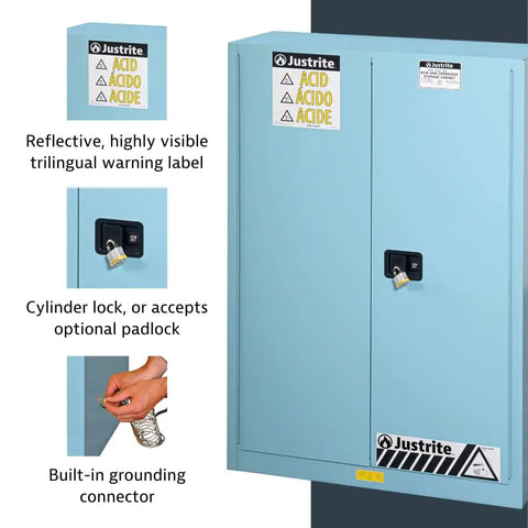 Heavy Duty Acid Corrosive Storage Cabinet Built Tough For Lab Techs Built To Last With Rock Solid Chemical Shield Panels showing lock and warning labels.