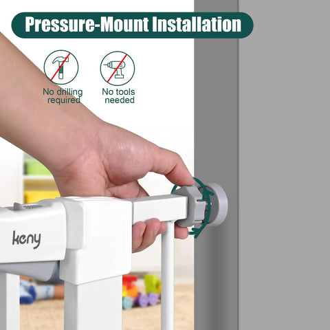 Close-up of hand installing Adjustable Baby Gate For Stairs And Doorways Width 30 To 40.5 Inches Height 30 Inches Easy Pressure Mounted