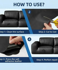 Step-by-step guide on using Heavy Duty Black Leather Repair Tape for Couch and Sofa Restoration, featuring cutting and pressing techniques.