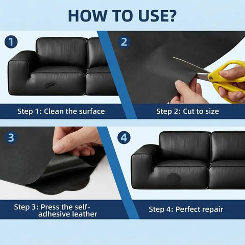 Step-by-step guide on using Heavy Duty Black Leather Repair Tape for Couch and Sofa Restoration, featuring cutting and pressing techniques.