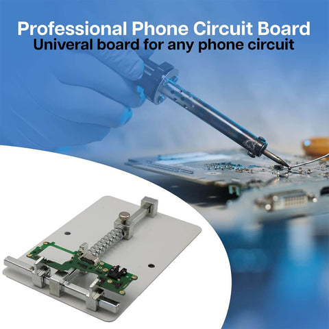 Universal PCB Holder And Jig Fixture Clamp For Soldering Desoldering And Quick Rework Stainless Steel Motherboard And Circuit Board Holder 12x8 cm showing a circuit board clamped for soldering.