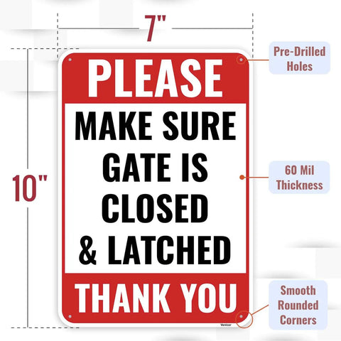 Top Shelf Aluminum Gate Signs 10 By 7 Inches 2 Pack Keep Gate Closed And Latch For Secure Yard Fence Perimeter Real Deal Weatherproof 60 Mil Outdoor Security Metal Plate with pre-drilled holes.