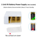Battery compartment of water leak sensor alarm for basement and RV moisture detection, 9V battery required, not included.