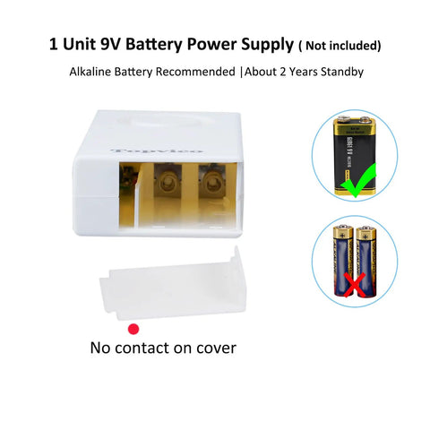 Battery compartment of water leak sensor alarm for basement and RV moisture detection, 9V battery required, not included.