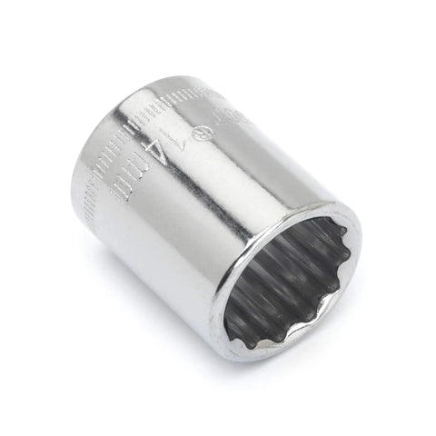 3/8 Inch Drive 12 Point Standard Metric Socket 14mm Chrome Vanadium Steel Nickel Chrome Plated Mirror Finish Off Corner Loading Design Durable Hand Tool For Pros And DIYers angled view