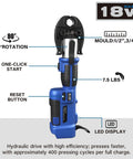 No Fuss Heavy Duty 18V Cordless Hydraulic Copper Pipe Crimping Tool With Slick Brushless Motor for tight spaces, 7.5 lbs design.