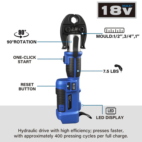 No Fuss Heavy Duty 18V Cordless Hydraulic Copper Pipe Crimping Tool With Slick Brushless Motor for tight spaces, 7.5 lbs design.