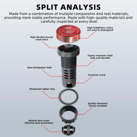 Split view of a 24V Red LED Flashing Buzzer Kit Ten Pack For Electrical Control Panels detailing components and material quality.