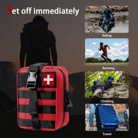 Front view of red MOLLE first aid kit pouch with black straps and white cross patch; 293-piece emergency set