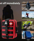 Universal IFAK trauma first aid kit red MOLLE pouch with black straps and white cross patch (front view)