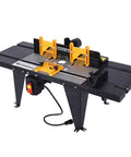 Beefy Benchtop Router Table Built Tough With Sturdy Steel Stand Sliding Extension Tops, features adjustable fence and safety guard.