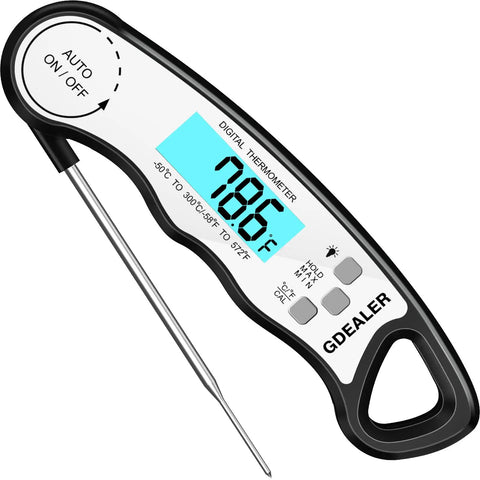 Digital Instant Read Meat Thermometer With 4.6 Inch Folding Probe, Ultra Fast 2 to 4 Sec Read Time, IP67 Waterproof, black and white design