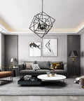 Cubist Pendant Metron Chandelier In Black With Interlocking Open Cube Frame, Six Light E12 Sockets hanging in modern living room