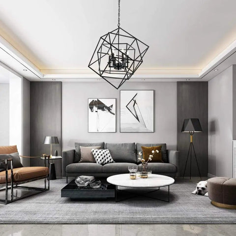 Cubist Pendant Metron Chandelier In Black With Interlocking Open Cube Frame, Six Light E12 Sockets hanging in modern living room