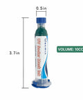 3 Pack UV Solder Mask Ink For PCB Repair, single syringe, green ink, labeled UV Soder Mask Ink, volume 10cc, dimensions 3.7x0.5in