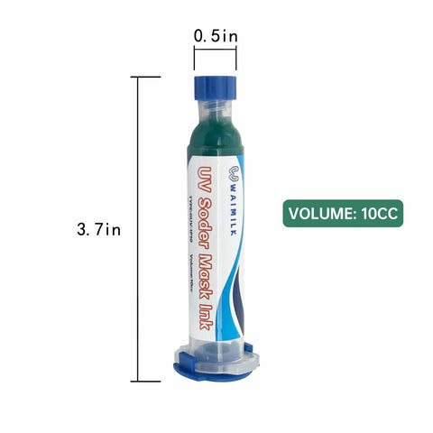 3 Pack UV Solder Mask Ink For PCB Repair, single syringe, green ink, labeled UV Soder Mask Ink, volume 10cc, dimensions 3.7x0.5in