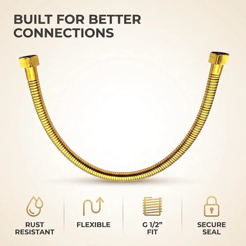 Heavy Hitter Gold Toilet Hose For Bathroom Fixtures With One Half Inch Angle Valve Connector Drip Free No Sweat Install Premium Stainless Steel Plumbing Supply 19 7 Inches Long, rust resistant, flexible design.