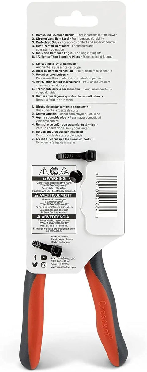 Back packaging of 8 Inch Pro Series Diagonal Cutting Pliers with dual material grips visible, showing safety information and barcode