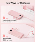 10000mAh Slim Portable Charger, Built In Four Power Bank Cables, Straight Up Travel Essential To Keep Yo Phone Lit Without Any Cord Drama, Ready For Commute, pink charger with Type-C and USB-A ports.