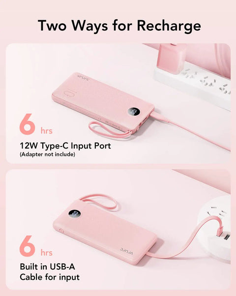 10000mAh Slim Portable Charger, Built In Four Power Bank Cables, Straight Up Travel Essential To Keep Yo Phone Lit Without Any Cord Drama, Ready For Commute, pink charger with Type-C and USB-A ports.