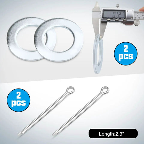 Two Sets Of Galvanized 1 Inch Spindle Castle Nut Kit With Washers And 2.3 Inch Cotter Pins For 1 Inch Trailer Axle EZ Lube Compatible Boat And Utility Trailers showing two washers and two cotter pins with measurement display