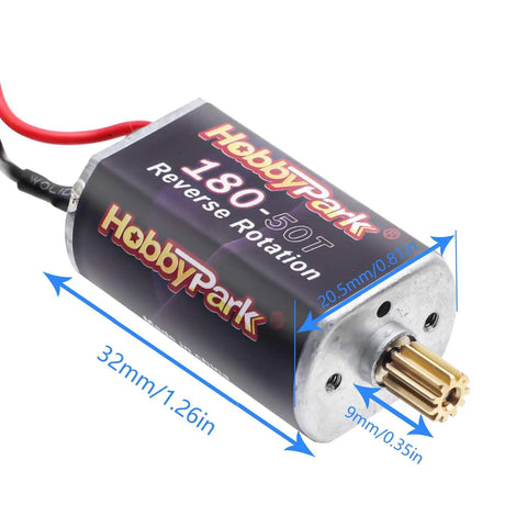 Beefy Torque 180 50T Brushed RC Motor with 11T Pinion Gear for Traxxas TRX4M showcasing dimensions and wiring.