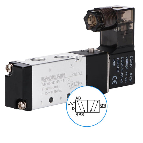 DIY Friendly 5 Way 2 Position Pneumatic Solenoid Valve With DC 24V Actuation, Model 4V110-06, showing ports and label.