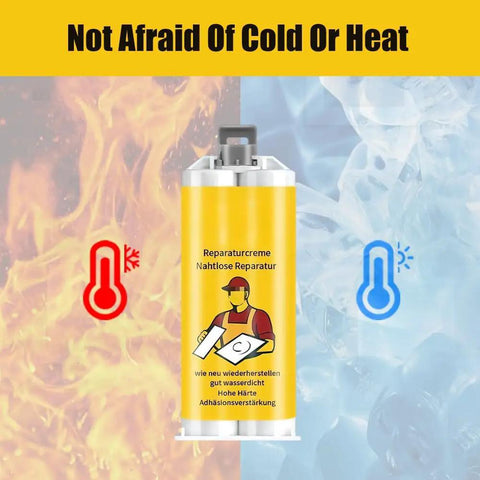 Fast Drying Tile Repair Glue Kit For Cracks And Chips, shown against fire and ice background, highlighting temperature resistance.