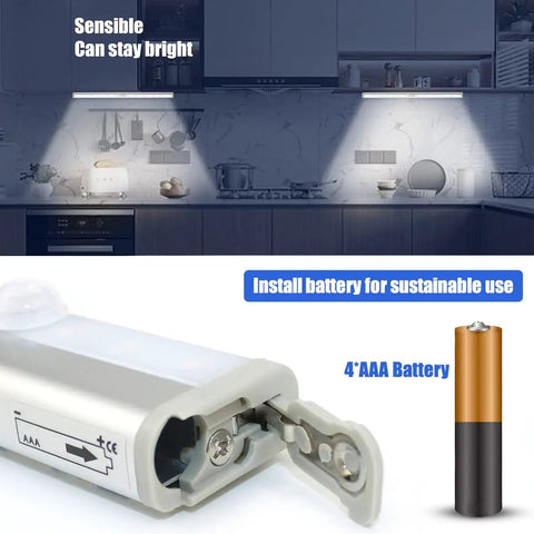 6 Pack LED Motion Sensor Closet Lights With 10 LED Battery Operated showcasing battery installation with kitchen lighting example